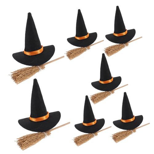 COLLBATH 7 Satz Halloween Filz Hexenhut Set Zauberer-Miniaturen Kleiner Hut Hexenbesen Hexenhandwerk puppenkleidung Party Dekoration Mini-Hexenhüte für Getränke Kleiner Hexenhutbesen Stoff von COLLBATH