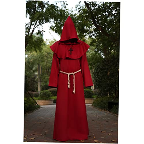 COLLBATH Halloween Kostüm Für Mittelalterliche Mönche Klassisches Mönch Zauberer Cosplay Kostüm Set XXL Rot Mit Gürtel Für Herren Mittelalterliches Mönchskostüm Für Fasching Und von COLLBATH