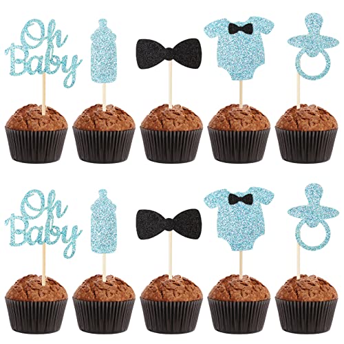 30 Stück Oh Baby Cupcake Topper Tortendeko Babyparty Blau Glitzer Junge Torten Topper Kuchen Dekoration für Baby Shower Gender Reveal Geschlecht verkünden Geburtstag Schwangerschaft (Blau) von COLOFALLA