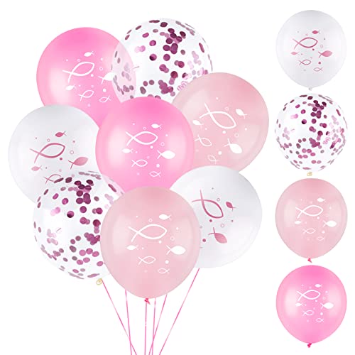 COLOFALLA 40 Stück Luftballons Taufe Kommunion Konfirmation Deko Erstkommunion Dekoration Rosa Weiß Fische Ballons mit Bänder für Mädchen Geburtstag Hochzeit von COLOFALLA