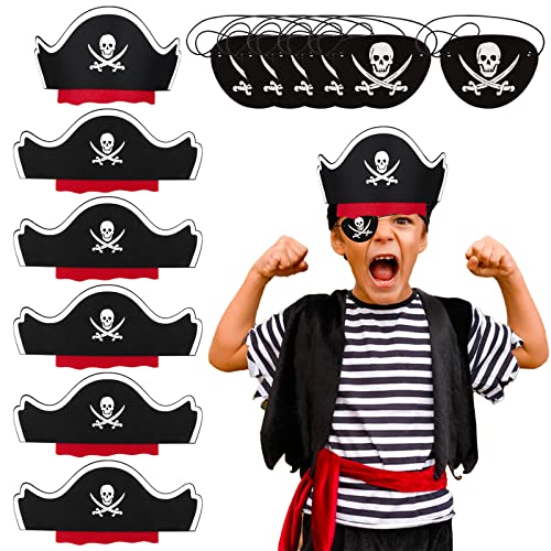 COLOFALLA 12 Stück Piraten Zubehör Set 6 pcs Piratenhut Kinder 6 pcs Augenklappe Pirat Filz Augenmaske Schädel Piraten Hut Accessoires für Kindergeburtstag Halloween Maskerade Piratenparty von COLOFALLA