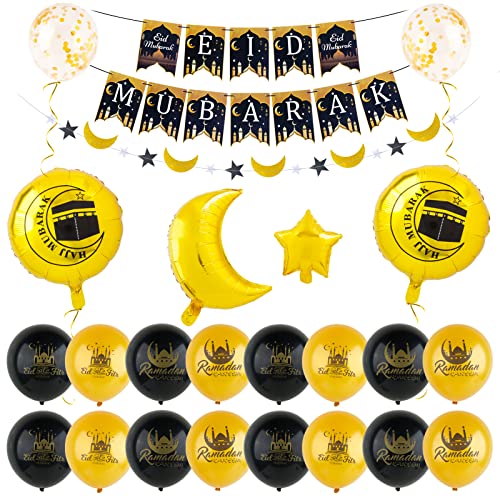 COLOFALLA 24 Stk Set Eid Mubarak Dekoration Ramadan Kareem Bayram Deko Banner Eid Mubabrak Girlande Sterne Mond 4 Stück Folienballons 18 pcs Luftballons für Islamische Feiern von COLOFALLA