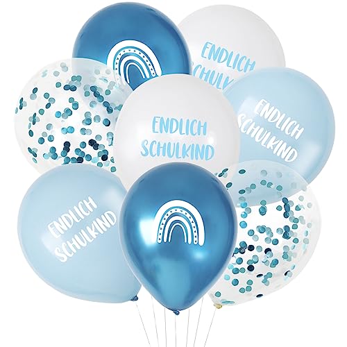 COLOFALLA 24 Stück Einschulung Deko Luftballons Endlich Schulkind Junge Ballons Boho-Regenbogen Blau Schulanfang Schuleinführung Schulstart Party Deko mit Bänder (Blau) von COLOFALLA