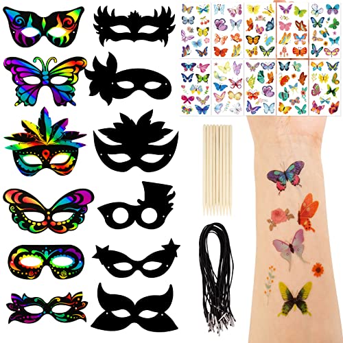 COLOFALLA 24 Stück Kratzbilder Kinder Kratzbilder Masken Karneval Masken10 Blatt Schmetterlinge Tattoo DIY Bastelset für Kinder Party Mitgebsel Geschenke für Karneval Fasching Maskerade von COLOFALLA