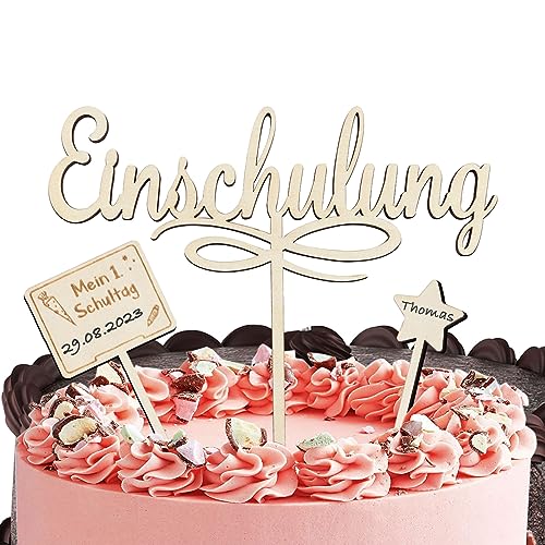 COLOFALLA 3 Stk Cake Topper Einschulung Holz Tortendeko Schulkind 2024 Cupcake Torten Topper Kuchendeko für Mädchen Junge Schulanfang Schuleinführung Party Deko von COLOFALLA