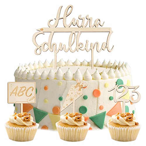 COLOFALLA Tortendeko Einschulung Cake Topper Schulkind Holz Schulanfang Cupcake Torten Topper ABC 123 Kuchendeko Schuleinführung Party Deko Geschenke für Mädchen Junge Kinder von COLOFALLA