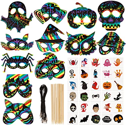 COLOFALLA 54Stk Set 24 Stk Halloween Kratzbilder Masken 30 pcs Halloween Tattoos Kratzmasken DIY Bastelset für Kinder Party Mitgebsel Geschenke für Junge Mädchen Karneval mit Holzstifte von COLOFALLA