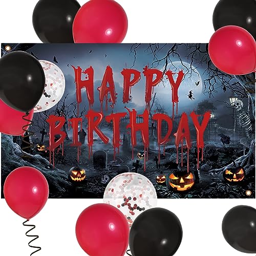 COLOFALLA Halloween Banner Halloween Motiv Geburtstag Banner mit 12 Luftballoon Happy Birthday Banner 180x110cm Rot Schwarz Halloween Deko Foto Hintergrund für Geburtstag Halloween von COLOFALLA