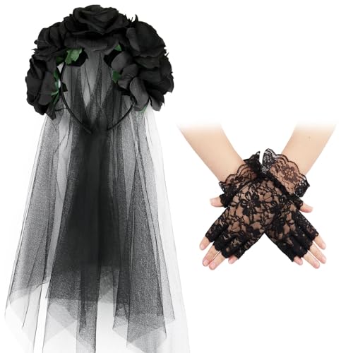 COLOFALLA Halloween Geisterbraut Zubehör Gotisch Hexen Accessoires Zombie Braut schwarze Rose Haarreif Schleier Stirnband Netzhandschuhe mexikanische Blumen Deko für Karneval Fasching Mottoparty von COLOFALLA