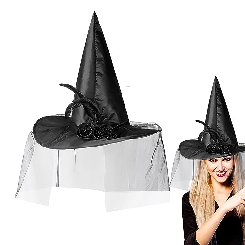 COLOFALLA Halloween Hexenhut Schwarz mit Rosa Feder Halloween Party Hüte Zauberer Hut Damen Kinder Party Accessores Mitgebsel Deko für Halloween Karneval Fasching Mottoparty von COLOFALLA