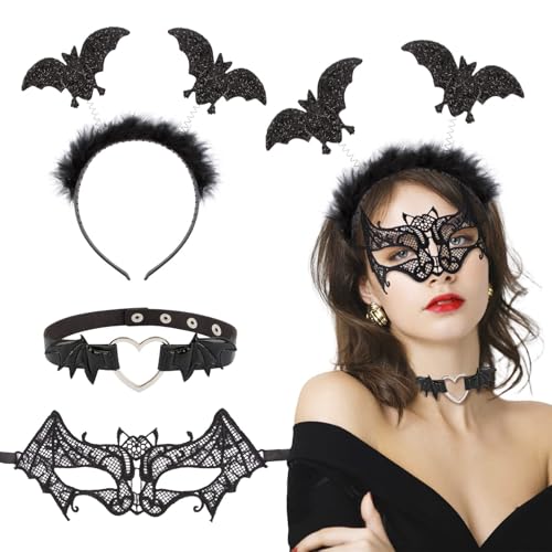 COLOFALLA Halloween Kostüm Zubehör Fledermaus Haarreif Maske Halsband Stirnband Augenmaske Kopfschmuck Party Zubehör Deko Accessoires Damen für Halloween Fasching Karneval (Schwarz) von COLOFALLA