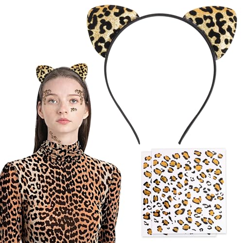 COLOFALLA Halloween Leopardenohren Haarreif Leoparden Accessoires mit Temporäre Tattoos Halloween Kostüm Zubehör Leoparden Kopfschmuck Party Zubehör Deko für Halloween Fasching Karneval von COLOFALLA