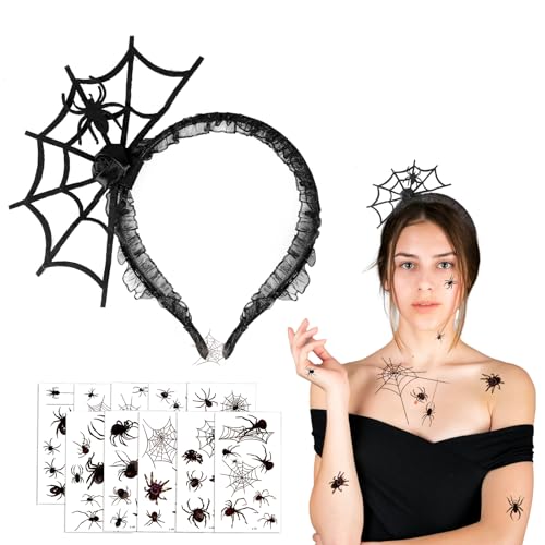 COLOFALLA Halloween Spinne Netz Haarreif mit Temporäre Tattoos Halloween Kostüm Zubehör Spinne Accessoires Kopfschmuck Schwarz Party Zubehör Deko für Halloween Fasching Karneval (A) von COLOFALLA