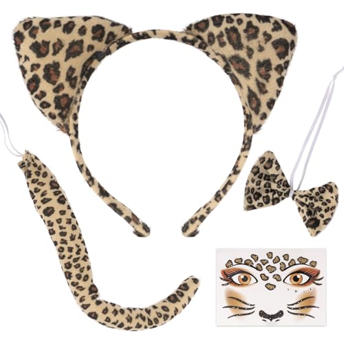 COLOFALLA Leoparden Kostüm Set Leopardenohren Haarreif Fliege Schwanz mit Gesicht Aufkleber Leoparden Ohren Stirnband Accessoires für Karneval Dschungel Party Maskerade Fasching von COLOFALLA