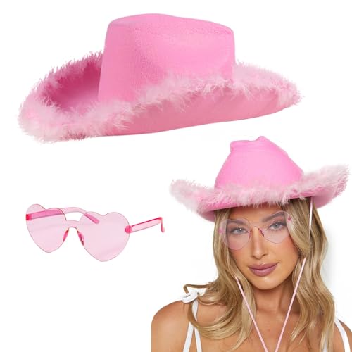 COLOFALLA Pink Cowboy Hut Karneval Hut Pink Herzbrille Cowgirl Hut Westen Cowboy Kostümzubehör Party Hut Brille Geschenk für Weihnachten Karneval Fasching JGA Urlaub Frau von COLOFALLA