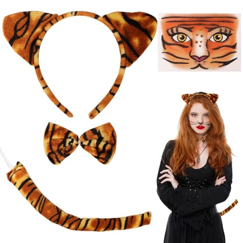 COLOFALLA Tiger Accessoires Karneval Tier Tiger Haarreif Tiger Ohren Tiger Schwanz mit Tiger Fliege Karneval Kostüm Zubehör Tiger Kopfschmuck für Fasching Karneval Halloween von COLOFALLA