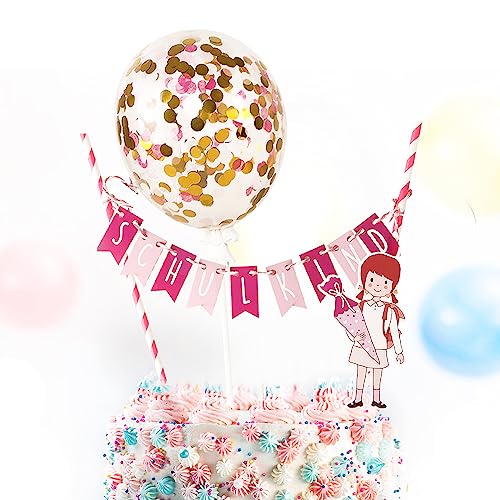 COLOFALLA Tortendeko Einschulung Mädchen Cake Topper Schulkind Girlande+Luftballon-Motiv Schulanfang Cupcake Torten Topper Schuleinführung Party Deko Kuchendeko für Junge Mädchen (Rosa) von COLOFALLA