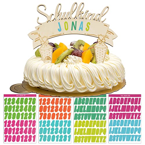 Cake Topper Schulkind Holz DIY Tortendeko Einschulung Schulanfang Torten Topper mit 4 Blätter Buchstaben Zahlen Sticker Kuchendeko Schuleinführung Party Deko Geschenk für Junge Mädchen Kinder von COLOFALLA