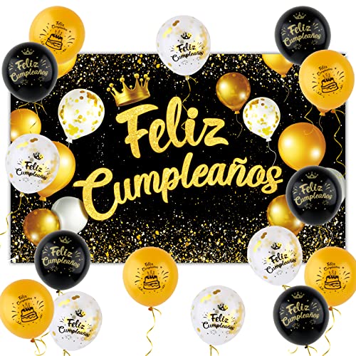 Geburtstag Dekoration Banner Geburtstag Schwarz Gold Foto Requisiten Hintergrund 15 Pcs Luftballons mit 2 Bänder in Spanisch für Frauen Mädchen (Schwarz-Gold) von COLOFALLA