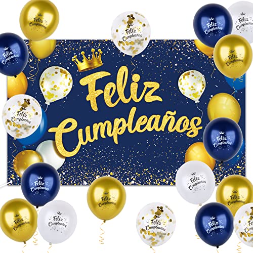 Geburtstagsdeko Banner Geburtstag Blau Gold 12 pcs Luftballons auf Spanisch von COLOFALLA