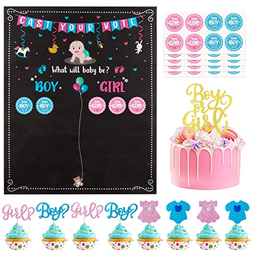 Gender Reveal Party Deko Geschlecht Verkünden 1 Stk Abstimmung Poster 40 Pcs Stickers 13 Pcs Tortendeko Cake Cupcake Topper Girl or Boy für Enthüllung Party von COLOFALLA