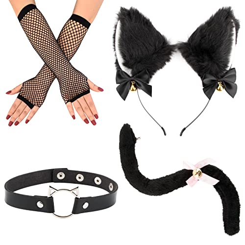 Katzen Kostüm Damen Karneval Katzenohren Katzenkostüm Set Karneval Katzen Damen Katzenohren Haarreif Fuchsohren Stirnband Schwanz Netzhandschuhe Accessoires Zubehör für Karneval Fasching Mottoparty von COLOFALLA