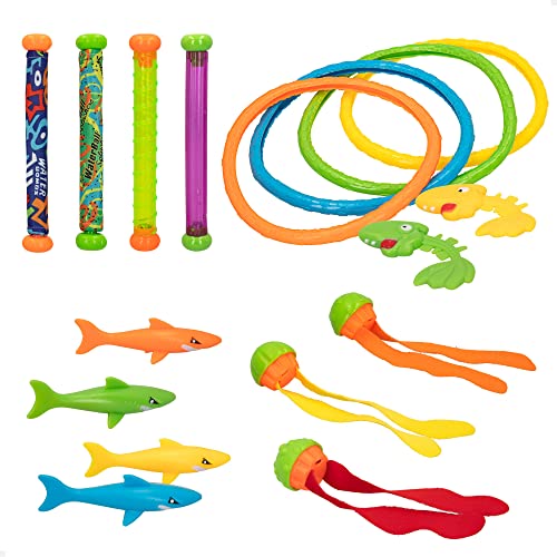 CB Toys 49536 Taucher-Set für Pool, 17 Teile | Poolspiele, 4 Schwimmbäder, 4 Taucherringe, 4 Haie, 3 Torpedos und 2 Fische von COLORBABY