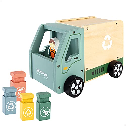 COLORBABY 49339 WOOMAX Müllwagen aus Holz + 18 m, Mehrfarbig von COLORBABY