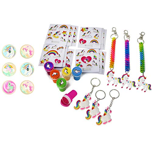 com-four® 30-teiliges Mitgebsel Set mit Einhorn Motiven für Kindergeburtstage bestehend aus Stickern, Schlüsselanhängern, Flummi und Stempel [Auswahl variiert] (30-teilig - Set2) von com-four