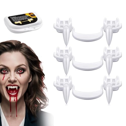 Halloween Vampirzähne, 3 Stück Einziehbare Vampirzähne Kit mit Tragbarer Box, Wiederverwendbare Gefälschte Zähne Teleskopzähne Zahnspangen Gefälschte Zahnersatz für Cosplay Party Requisiten Halloween von COMBLU