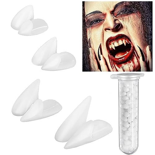 Vampirzähne Zähne, Vampirzähne Gefälschte Zähne, 4 Paar Halloween Vampirzähne mit Kleber, Wiederverwendbare Vampirzähne für Halloween Party Cosplay von COMBLU