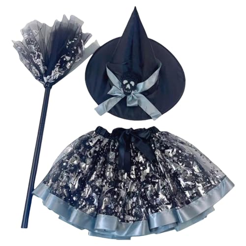 COMFOLIVING Halloween Hexenkleid – Halloween Tutu 3-teiliges Set Cosplay Kostüme Rock | Cosplay Kostüme Rock Entzückend | Mädchen-Halloween-Hexe-Tutu-Rock mit Hut-Besen für Geburtstagsparty-Festival von COMFOLIVING