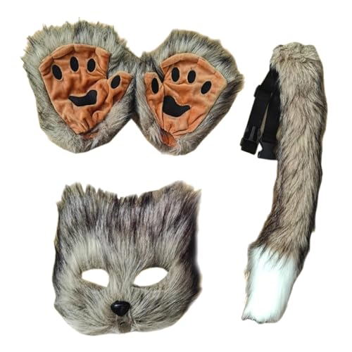 Wolf-Maske – Faux-Wolf-Fell-Kostüm-Masken-Set | 55x9cm Katzengesichtsbedeckung Wolfsmaske | Faux Wolf Halbe Gesichtsabdeckung | Pelziges Kostümset | Pelziges Pfoten- Und Schwanzset Für Den Halloween-F von COMFOLIVING