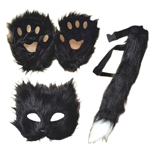 Wolf-Maske – Faux-Wolf-Fell-Kostüm-Masken-Set | 55x9cm Katzengesichtsbedeckung Wolfsmaske | Faux Wolf Halbe Gesichtsabdeckung | Pelziges Kostümset | Pelziges Pfoten- Und Schwanzset Für Den Halloween-F von COMFOLIVING