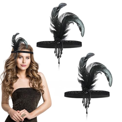 COMNICO 1920s Stirnband Damen Gatsby Kostüm Accessoires Halloween-Kostüm 2 Stück 20er Jahre Flapper Feder Haarband Glitzernde Strasssteine Haar-Accessoires Kostüm Abschlussball Party-Dekoration von COMNICO