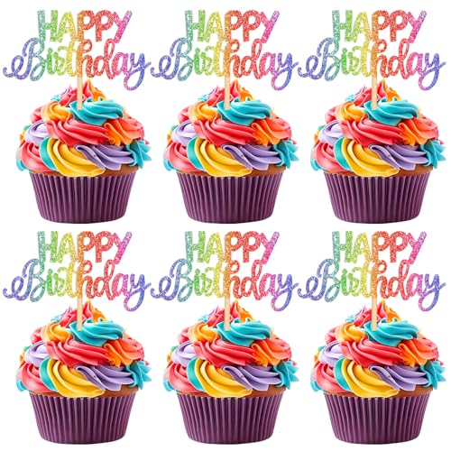 COMNICO 24 Stück Happy Birthday Tortendeko Cake Topper Geburtstag Glitter Cupcake Topper „Happy Birthday“ Kuchenaufsatz Geburtstag DIY-Dekorationszubehör (Bunt) von COMNICO