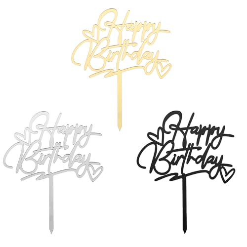 COMNICO 3 Stück Happy Birthday Kuchenaufsatz Cake Topper Geburtstag Acryl Tortendeko DIY-Kucheneinsatz Dekorationszubehör für Mädchen Jungen Frauen Mann (Schwarz, Gold, Silber) (Doppelherz) von COMNICO