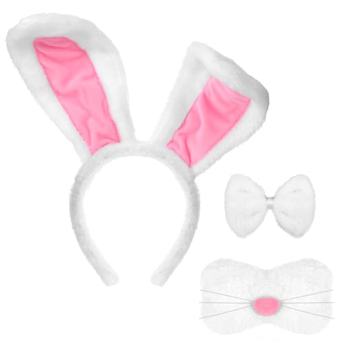 COMNICO Osterhasen-Kostüm-Set, Bunny Zubehör weißes Kaninchen Hasenohren-Stirnband Fliege Outfit Bunny Hasenschwanz Hasen-Accessoires für Weihnachten Cosplay Frauen Erwachsene und Kinder(Weiß) von COMNICO