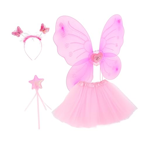 CONGARTENO 1 Satz Schmetterlingsflügel vierteiliges Set Kostüm Flügel Kostüme für Mädchen halloweenkostüme für kinder halloween kleider für kinder kurzes Kleid aus Feenrock Strümpfe Rosa von CONGARTENO