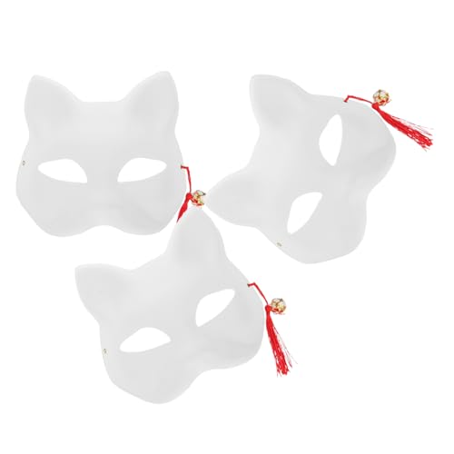 CONGARTENO 3 Sets -maske Mit Glöckchen-quaste, Weiße Papiermasken Für Diy-malerei, Leere Tiermasken Für Halloween, Cosplay, Partyzubehör von CONGARTENO