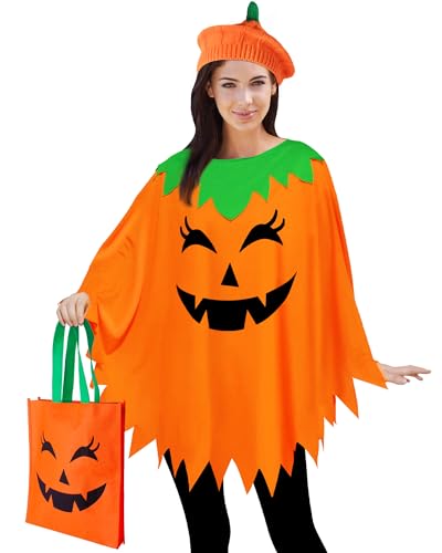 CONGRU Kürbis-Kostüm für Damen und Erwachsene, Kürbis-Poncho mit Kürbis-Strick-Barett und Süßigkeitentasche, Halloween-Kostüm für Damen, 3-teilig von CONGRU