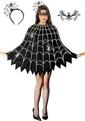 CONGRU Spinnennetz-Poncho für Damen, Spinnennetz-Kostüm, Kleid mit Stirnband und Maske, Halloween-Kostüm für Damen von CONGRU