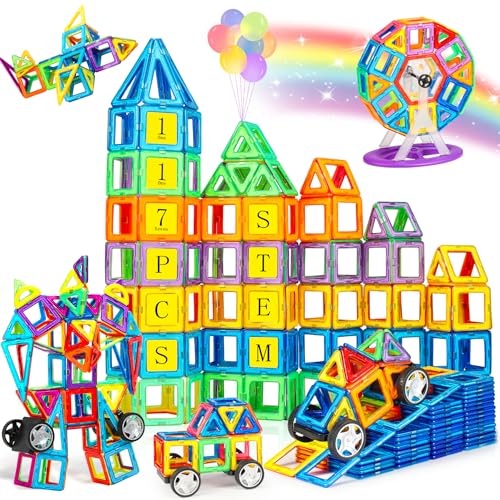 COOLJOY Magnetische Bausteine, 117 PCS Magnete Kinder ,Ideales Lernspielzeug mit Büchlein Aufbewahrungstasche, Magnetbausteine Auto Spielzeug/Roboter/Animal/Ferris Wheel von COOLJOY