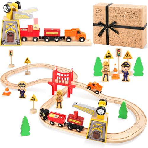 COOLJOYA 39Pcs Holzeisenbahn Set für Kinder, Kombinierbar Zug Spielzeug, Geschenk für Jungen und Mädchen ab 3 Jahren, Kinder von COOLJOYA