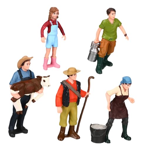 COOPHYA 5 Teiliges Set Von Miniatur Bauernhof Figuren Realistische Maßstab Modelle Für Tischdekoration Inklusive Mit Kuh Melkende Bäuerin Hirte ädchen Rotem Overall Und von COOPHYA