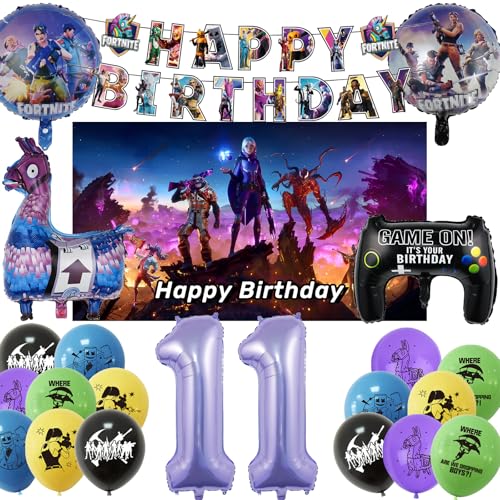 COQOYO Fort Videospiel Geburtstagsdeko Luftballons Set, Spiel Gamer Party Deko Folienballon für 11 Jahre Jungen Mädchen, Kindergeburtstag Helium Ballons mit Happy Birthday Banner und Hintergrund von COQOYO