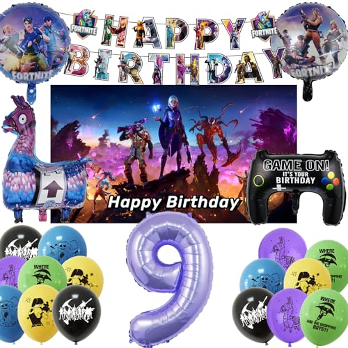 COQOYO Fort Videospiel Geburtstagsdeko Luftballons Set, Spiel Gamer Party Deko Folienballon für 9 Jahre Jungen Mädchen, Kindergeburtstag Helium Ballons mit Happy Birthday Banner und Hintergrund von COQOYO