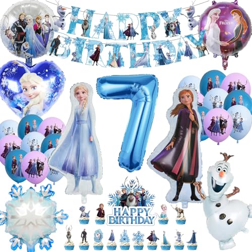 COQOYO Froze Geburtstagsdeko Luftballons Set, 46pcs Eiskönigin Eisa Anla Prinzessin Party Deko Folienballons für 7 Jahre Mädchen, Kindergeburtstag Helium Ballons mit Happy Birthday Banner Tortendeko von COQOYO