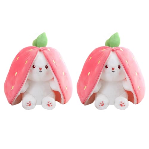 COQOYO Kuscheltier Hase in Erdbeere, 2pcs Osterhase Plüschtiere, Flip Plüsch Stofftier mit Reißverschluss, Kleine Süße Kaninchen Kawaii Plushie Puppe Spielzeug, Geschenke für Kinder, Rosa Weiß von COQOYO