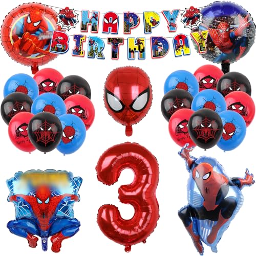 COQOYO Spidey Geburtstagsdeko Luftballons Set, Geburtstag Party Deko Ballons für 3 Jahre Jungen, Kindergeburtstag Helium Balloons, Cartoon Spider Folienballons mit Happy Birthday Banner für Kinder von COQOYO